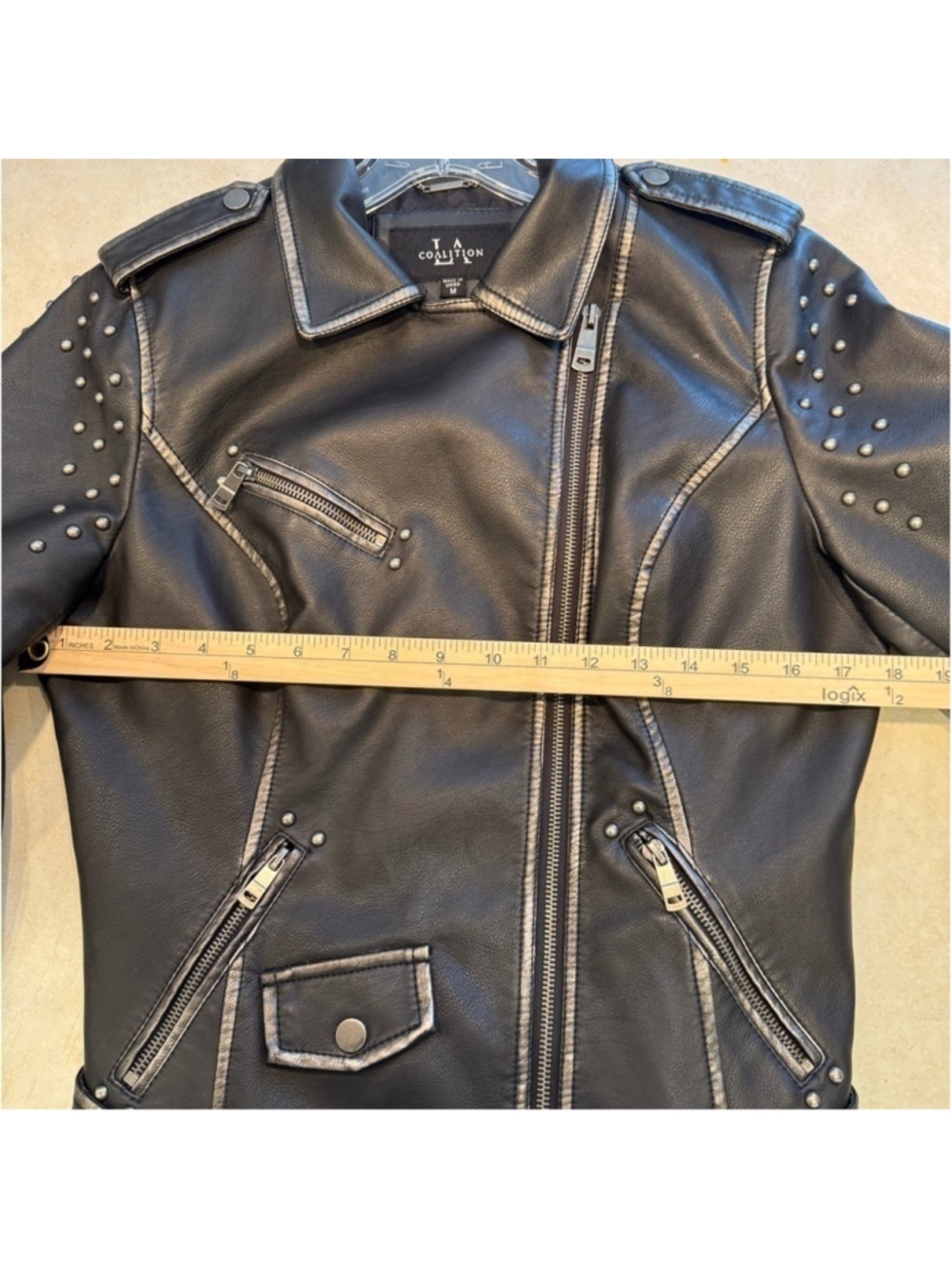 T Coalition Women Moto Jacket Black Faux Leather Studded - Picture 3 of 10
